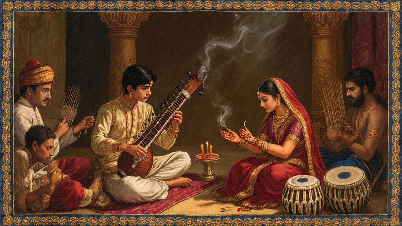 A royal court scene with musicians, artisans, and henna painters in Gupta-era India.