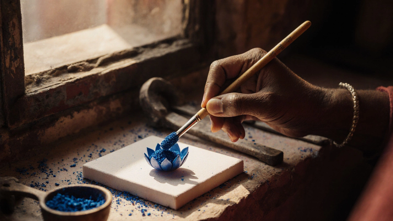 An artisan painting with crushed lapis lazuli pigment in a sunlit modern studio.