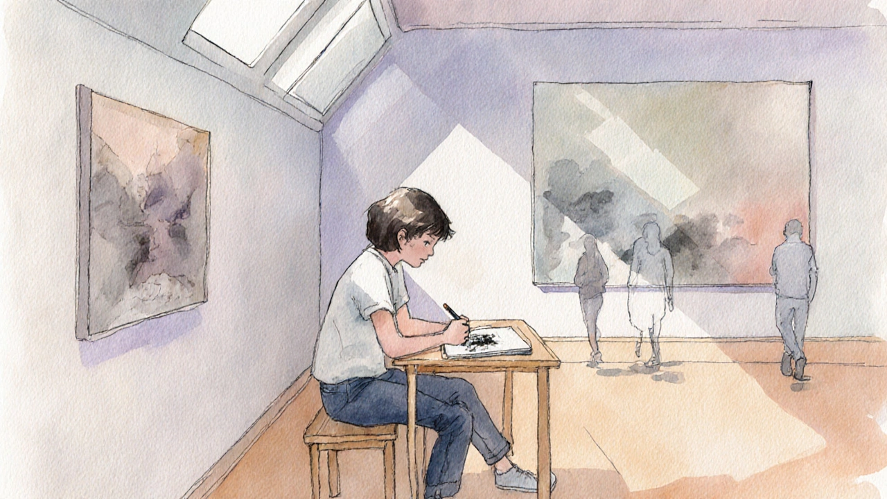 Artist seated in a quiet gallery corner, sketching with a pencil in a non‑glossy sketchbook.