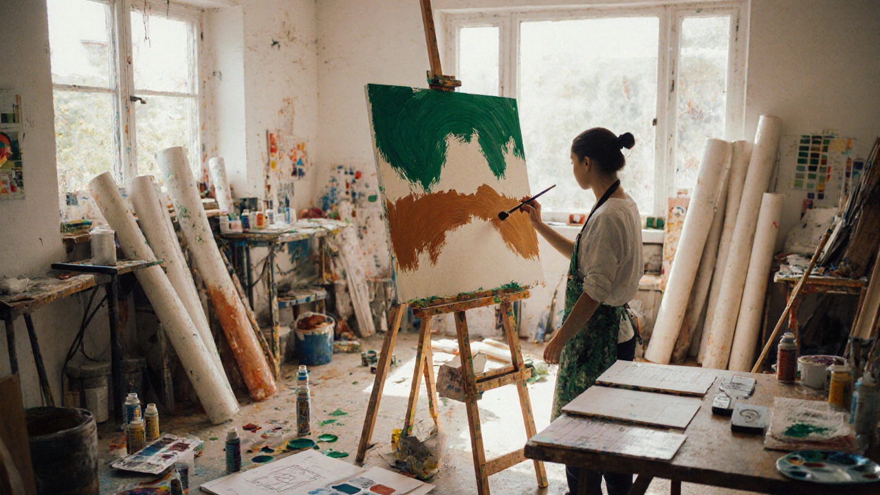 Artist studio with constrained-color abstract painting in progress.