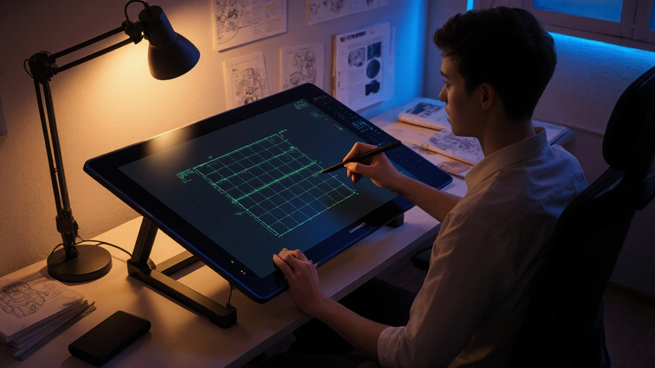 Artist using a Huion Kamvas Pro 24 on a stand with pen calibration overlay and power bank.