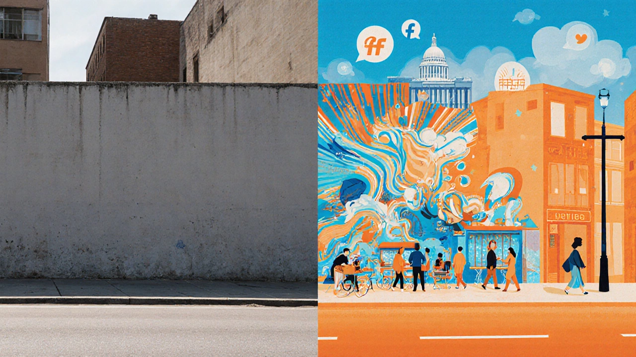 Before‑and‑after collage showing a mural transforming a dull wall into a lively neighborhood.