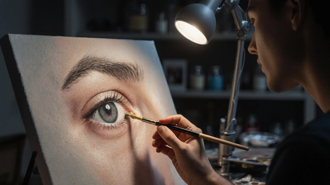 Close‑up of an artist&#039;s hand applying tiny glaze to a hyperrealist portrait under a focused lamp.