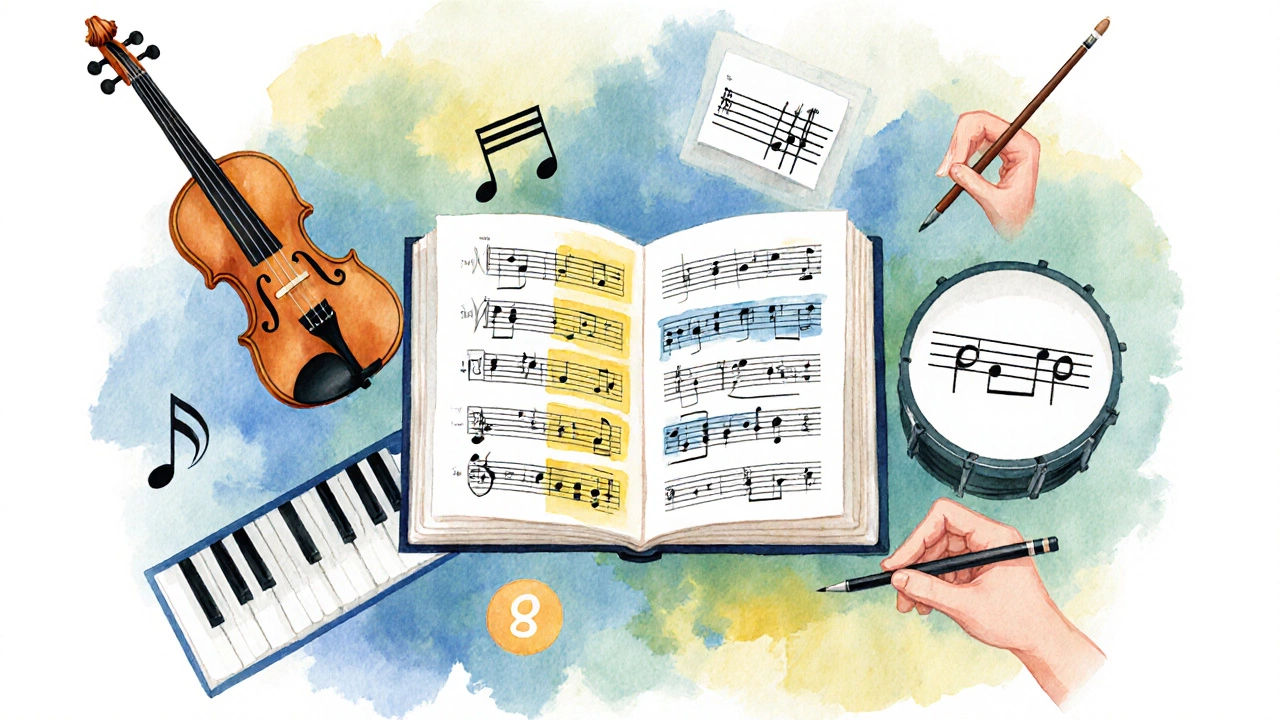 Collage of music theory elements: sheet music, piano, violin, drumstick, solfège hand sign, chord diagram, and composition sketch.