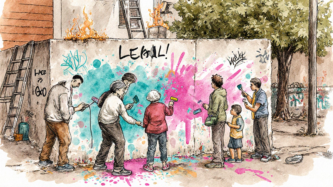 Community members and artists painting together on a legal wall in an alley.