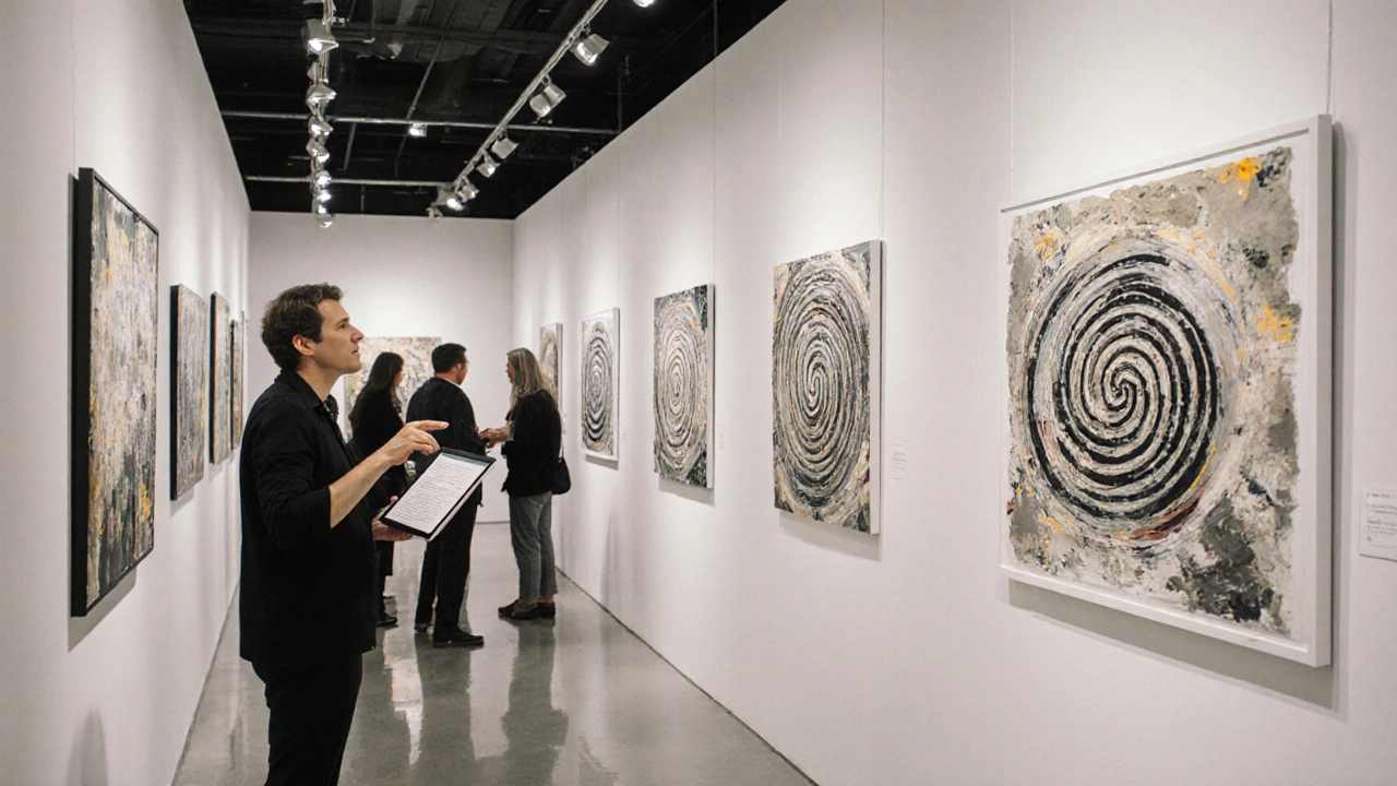 Curated abstract portfolio exhibition with artist presenting to audience.