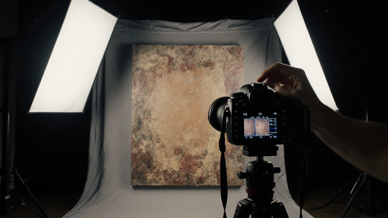 DSLR on tripod photographing a textured canvas under LED lights with color‑calibrated monitor.