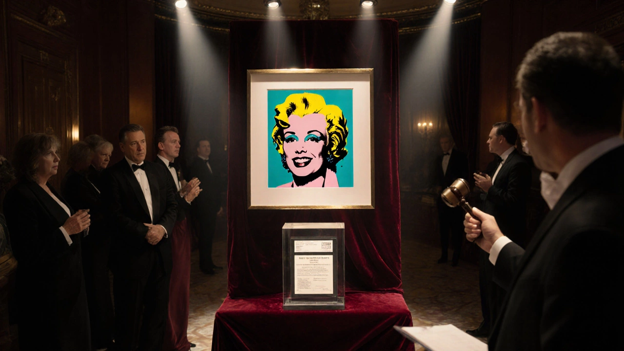 Elegant auction house scene with a framed Warhol print, certificates, and bidders watching.