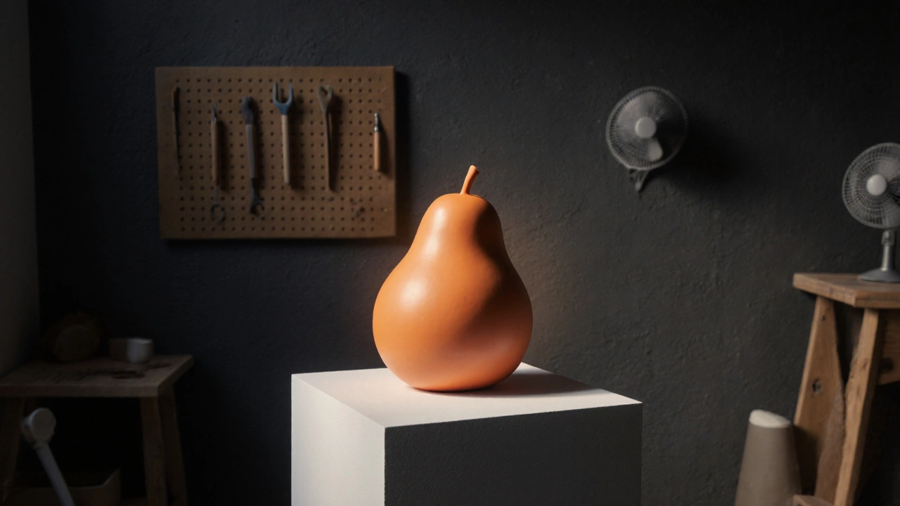 Finished clay fruit sculpture on a pedestal in a small studio.