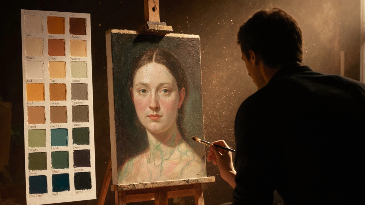 Finished portrait with a nearby swatch chart, artist reviewing the work in a softly lit studio.