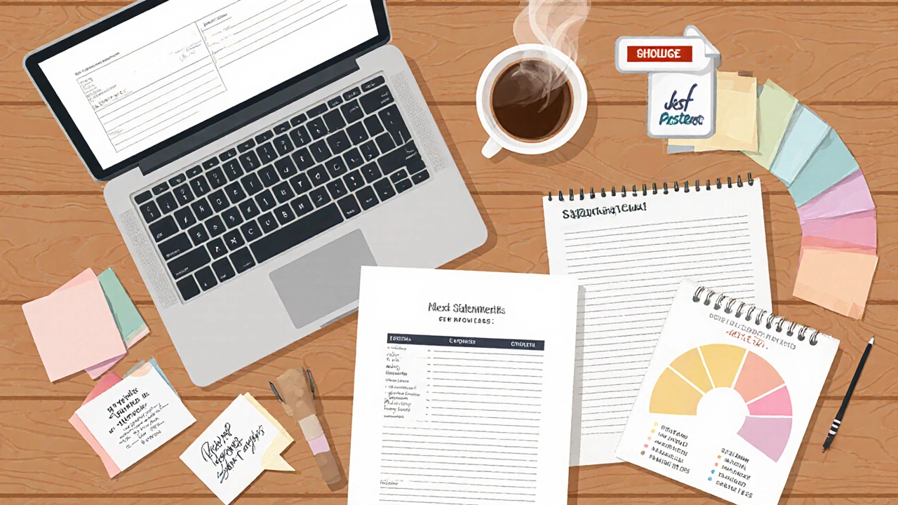 Flat‑lay of laptop, portfolio, coffee and notes with a mini chart of exhibition types.