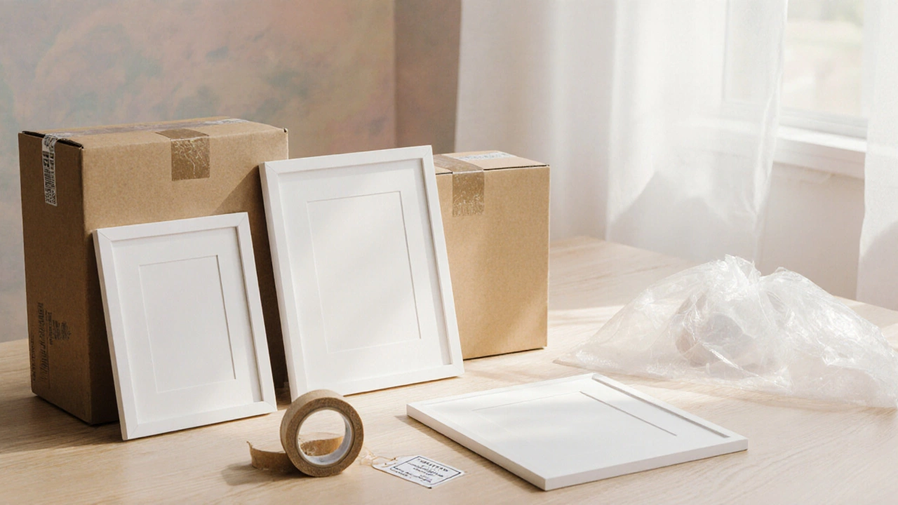 Flat lay of three standard‑size prints, frames, and matching shipping boxes on a wooden table.