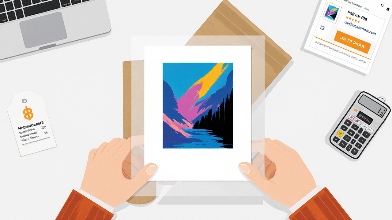 Giclée print being slipped into an acid‑free sleeve and packed for sale with price notes.
