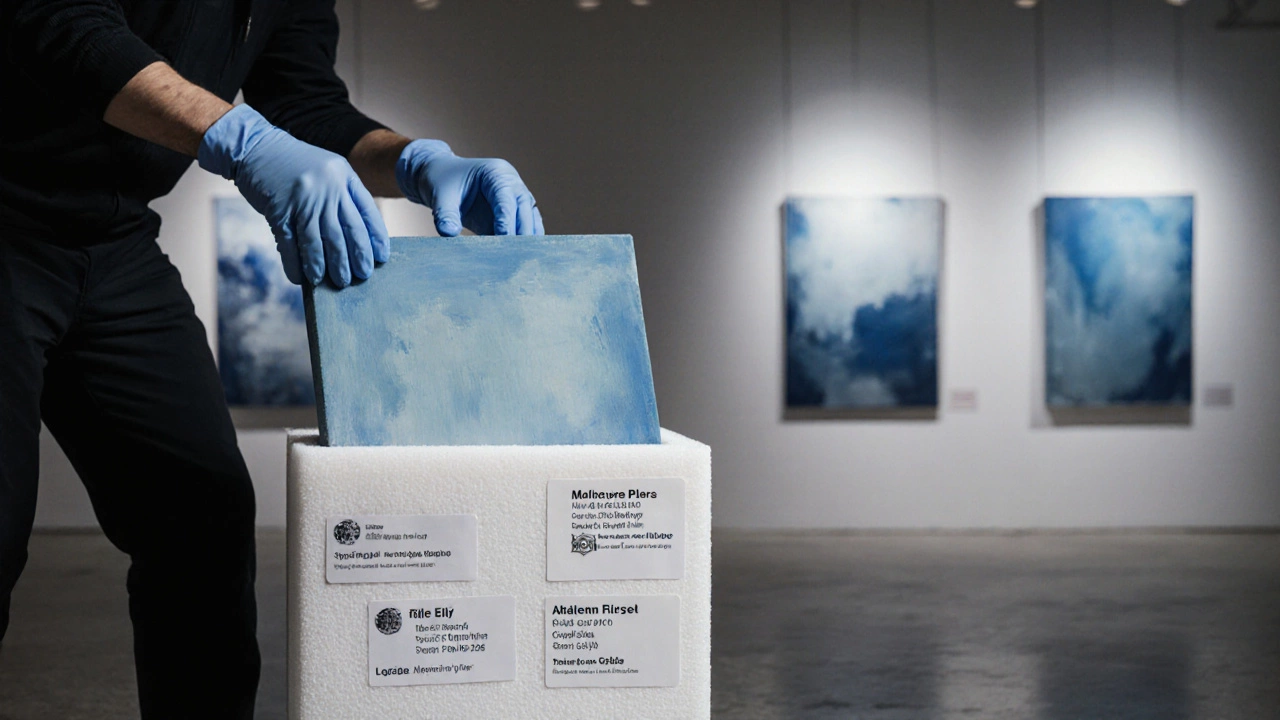 Gloved hands packing a painted canvas into a crate with labels and gallery backdrop.
