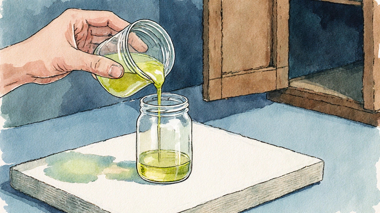 Hands mixing olive and linseed oil with turpentine, applying glaze to canvas, cool storage cabinet in background.