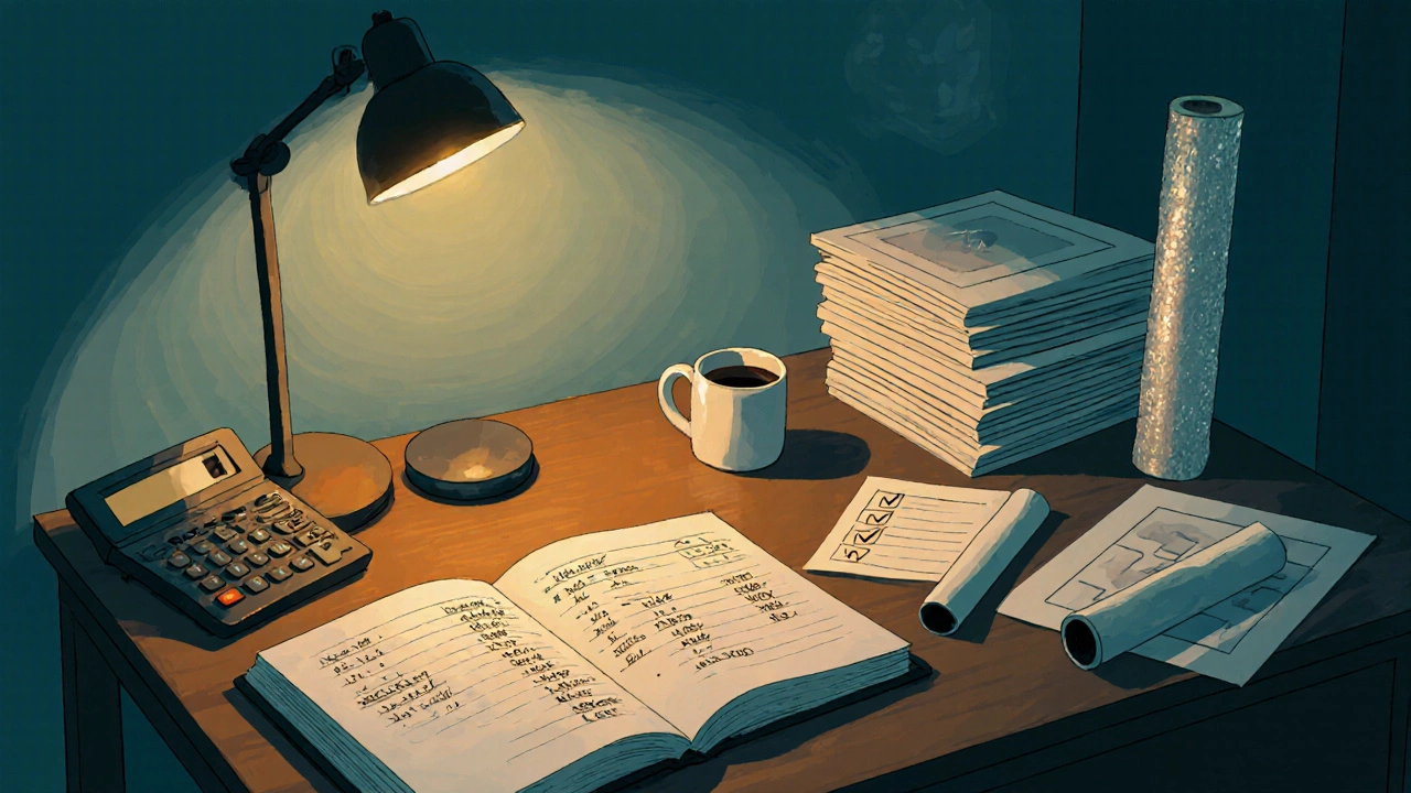 Home office desk with price calculations, coffee, and ready‑to‑ship art prints and packaging.