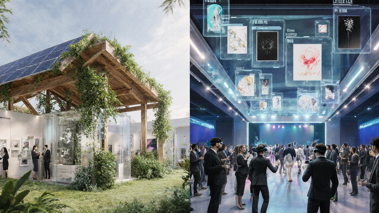 Hybrid sustainable art fair with green booths and virtual reality art displays.