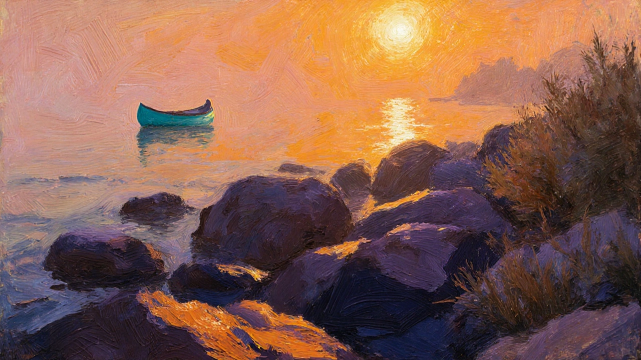 Impressionist shoreline at golden hour with bold colors and silhouette canoe.