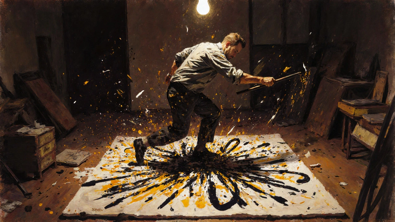 Jackson Pollock dripping paint onto a floor canvas in a dimly lit studio.
