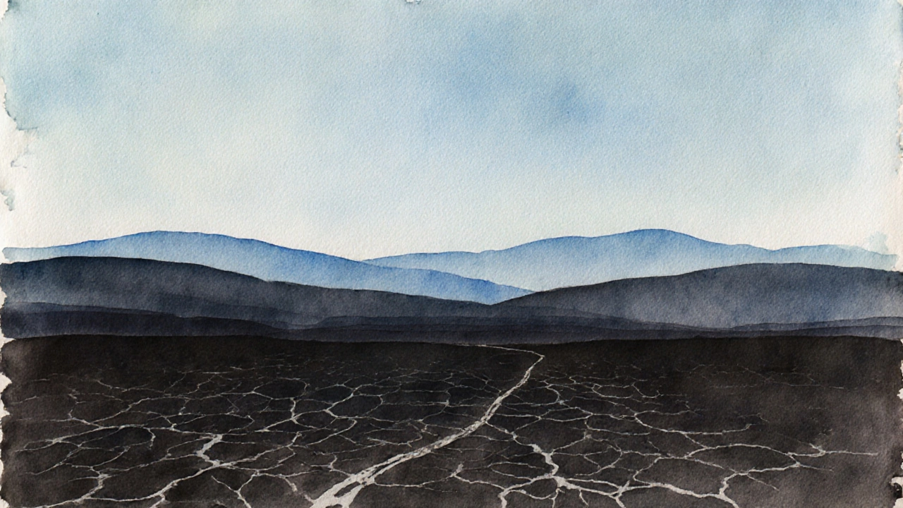 Minimalist landscape with dark cracked earth, rolling hills, and fading pale blue horizon.