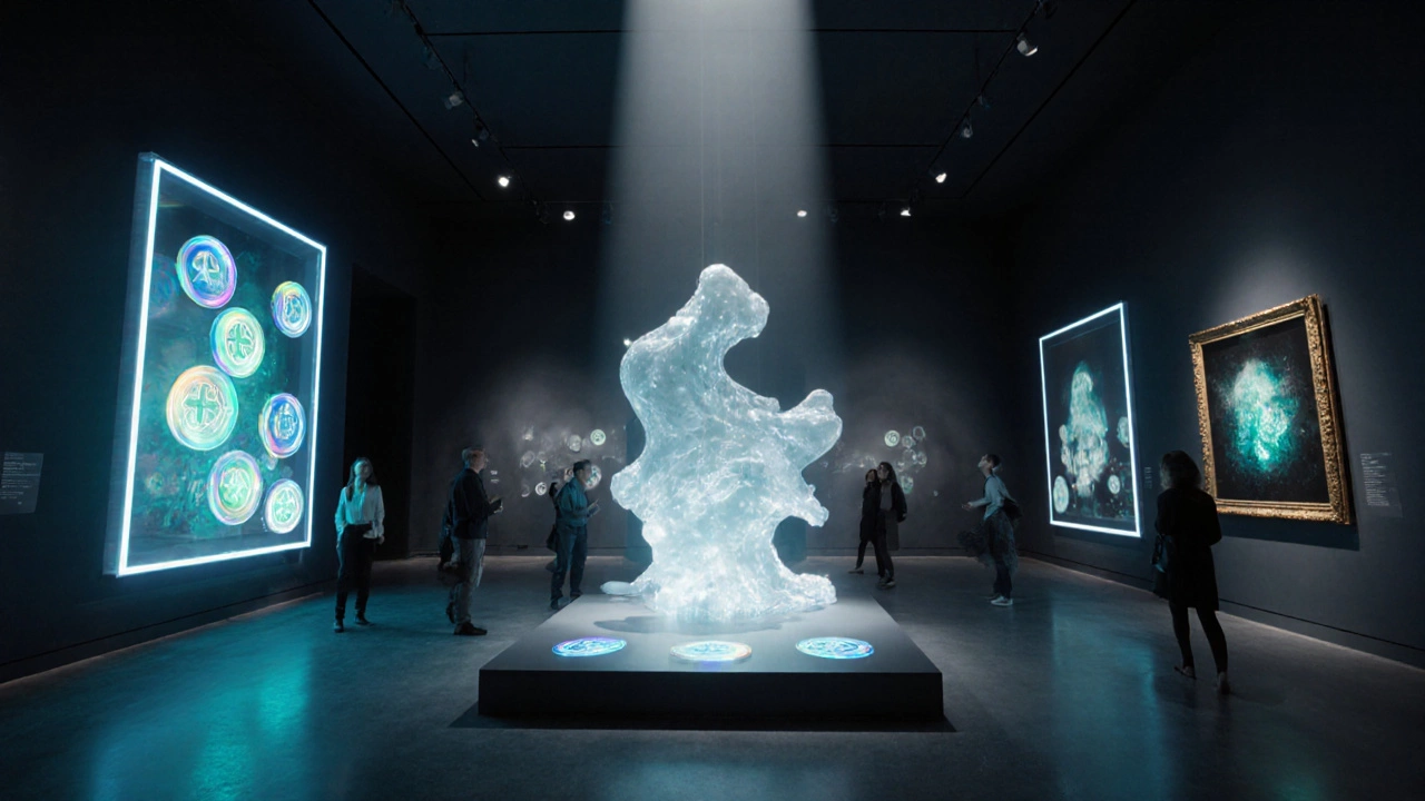 Museum hall with an interactive digital sculpture, holographic NFTs, and a printed version of the artwork.