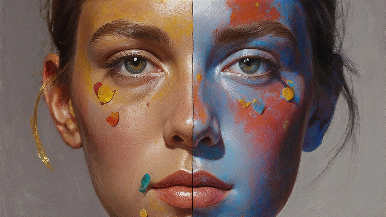 Portrait canvas split into warm and cool halves, showing contrasting skin‑tone palettes.