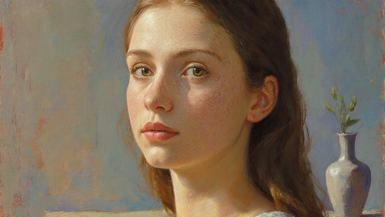 Portrait of a woman with eyes at a power point, golden spiral overlay, rim lighting.