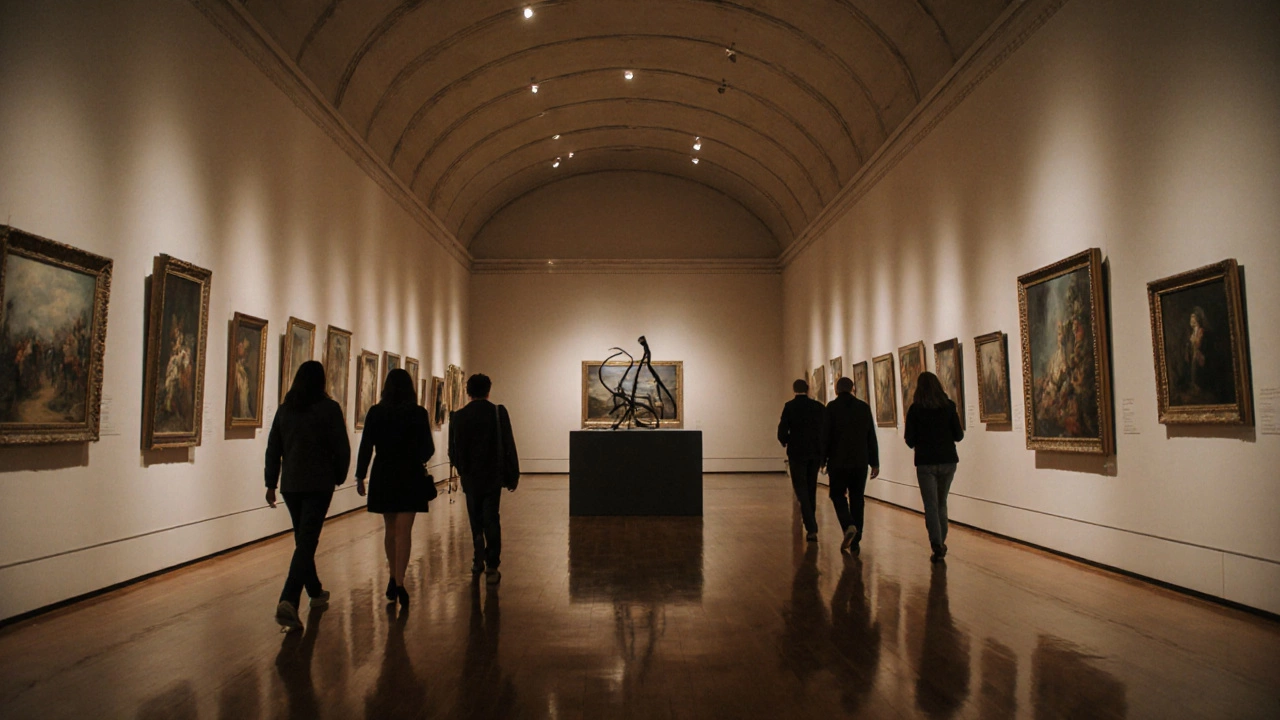 Quiet museum gallery showing curated paintings, a central sculpture, and few visitors.