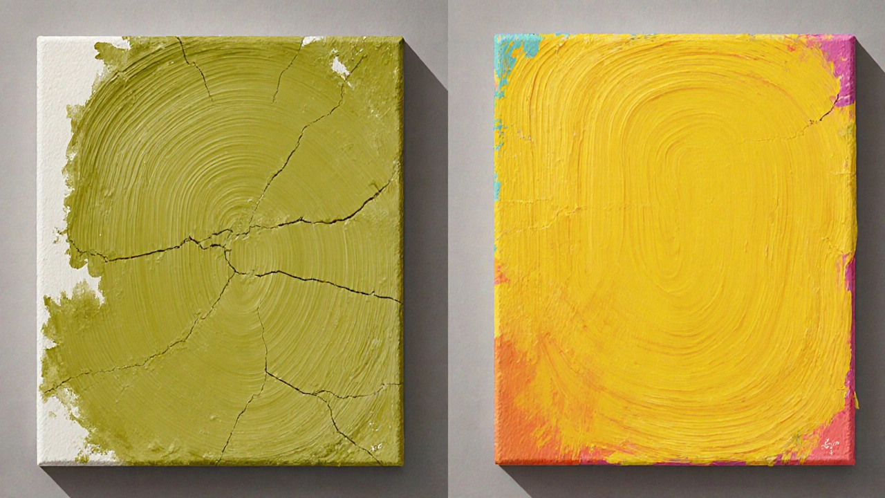 Side‑by‑side view of two canvases: one with cracked, yellowing olive‑oil paint, the other smooth linseed‑oil paint.