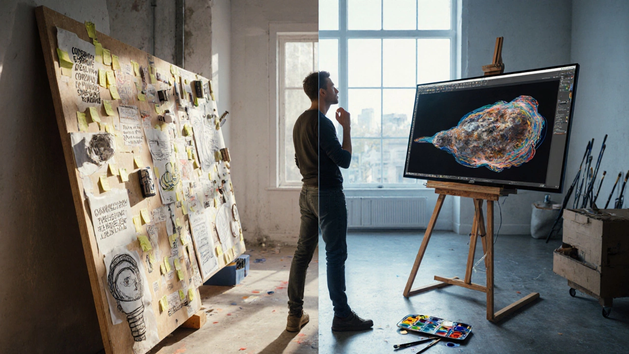 Split‑scene of an artist choosing between a concept board for conceptual art and a studio setup for hyperrealism.