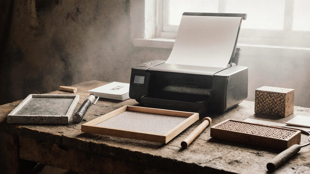 Studio view of tools and materials for lithograph, serigraph, giclée, etching, and wood‑cut prints.