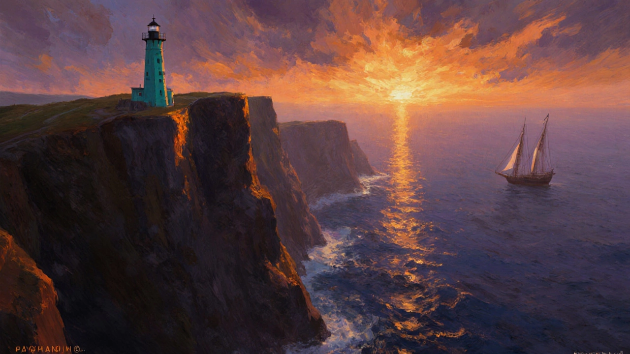 Sunset coastal cliff with lighthouse, warm palette, and impasto highlights.