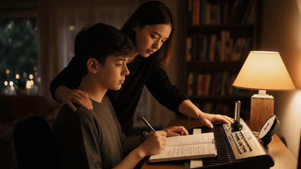 Teen practicing at a desk with a journal and keyboard, parent offering support, lit by a warm lamp.