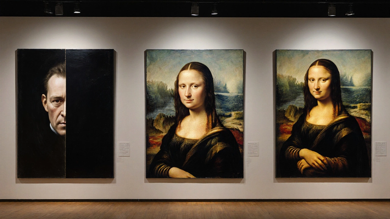 Three framed portraits (Rembrandt, Sargent, da Vinci) showing rule of thirds placement.