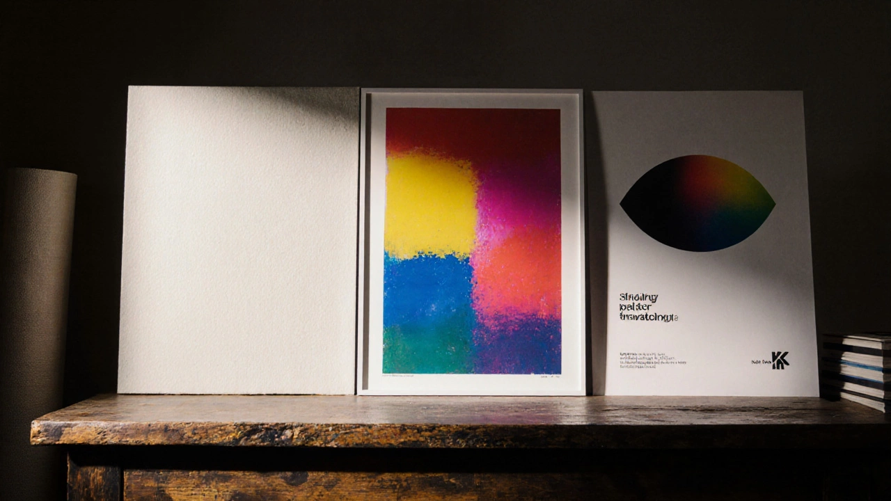 Three prints on a table: Giclée on fine art paper, screen print poster, and digital offset poster.