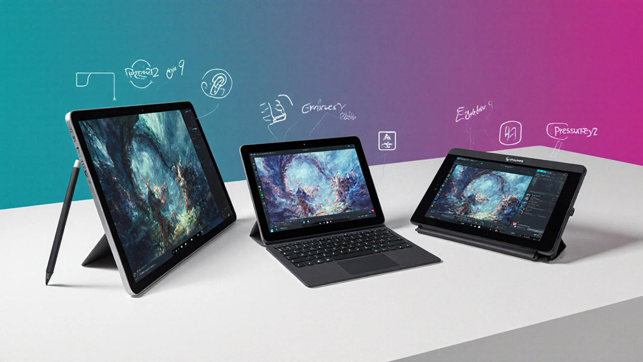 Three top digital art devices displayed side by side, each showing the same artwork.