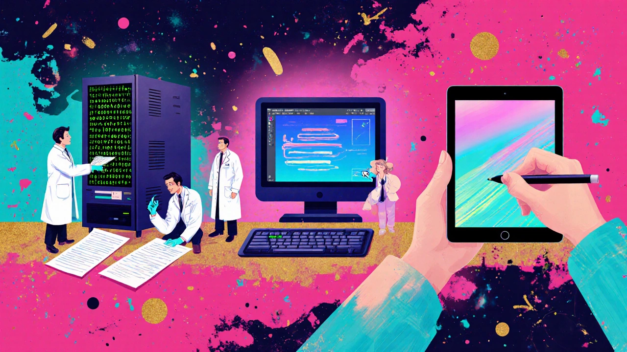 Timeline illustration showing mainframe pixel art, Photoshop on a desktop, and Procreate on a tablet.