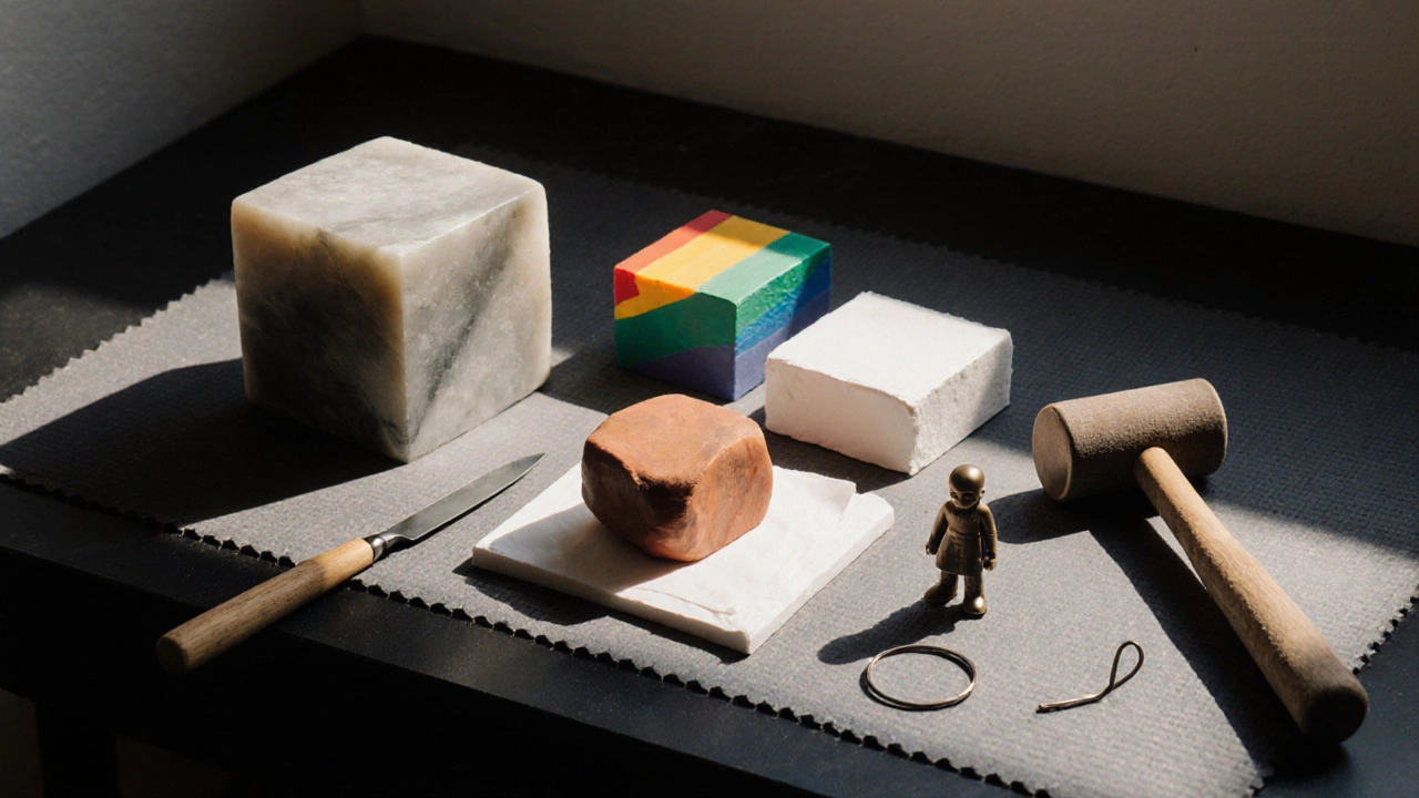 Various beginner sculpture materials and tools arranged on a workbench.