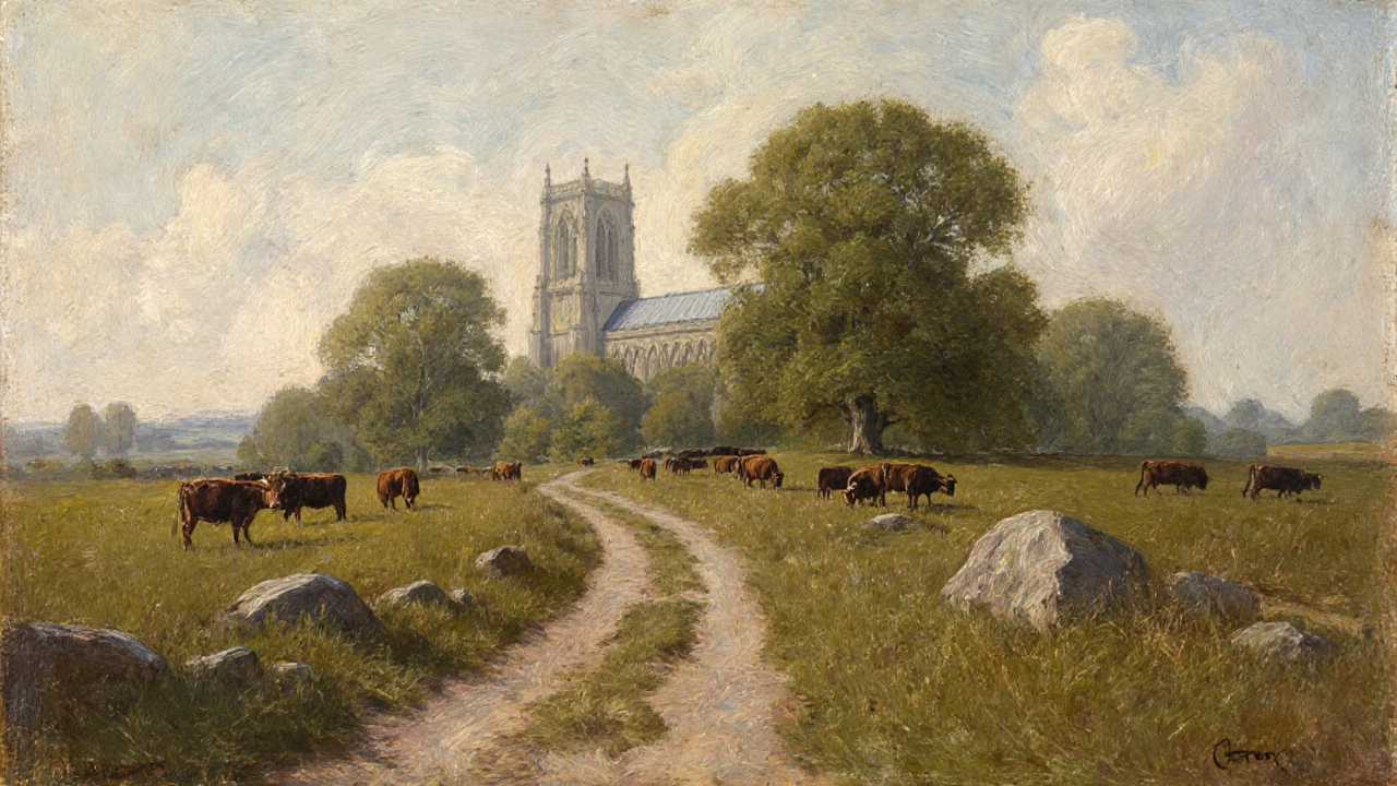 Winding path with cattle and cathedral in middle ground, soft trees and luminous sky in background.