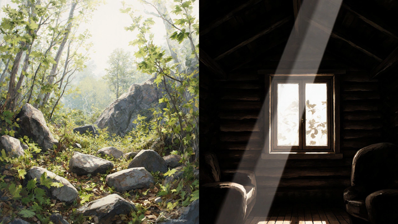 A split image comparing a cluttered, flat landscape to a simplified, depth-rich version with strong values.