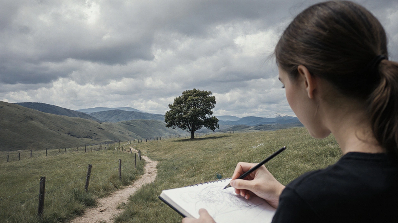 An artist sketching outdoors, focusing on a lone tree as a focal point with leading lines guiding the eye.