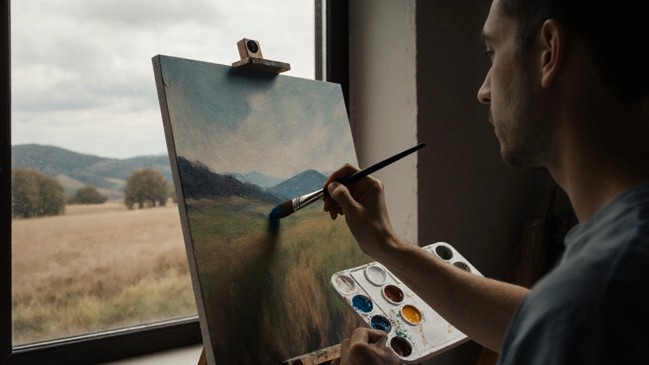 Close-up of hands applying a transparent blue glaze to create depth in a landscape painting.