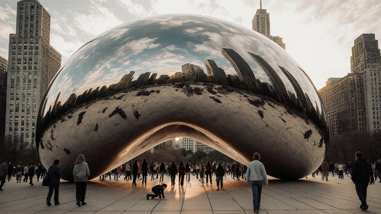 Cloud Gate sculpture reflecting skyline and people, visitors walking beneath its curved surface.