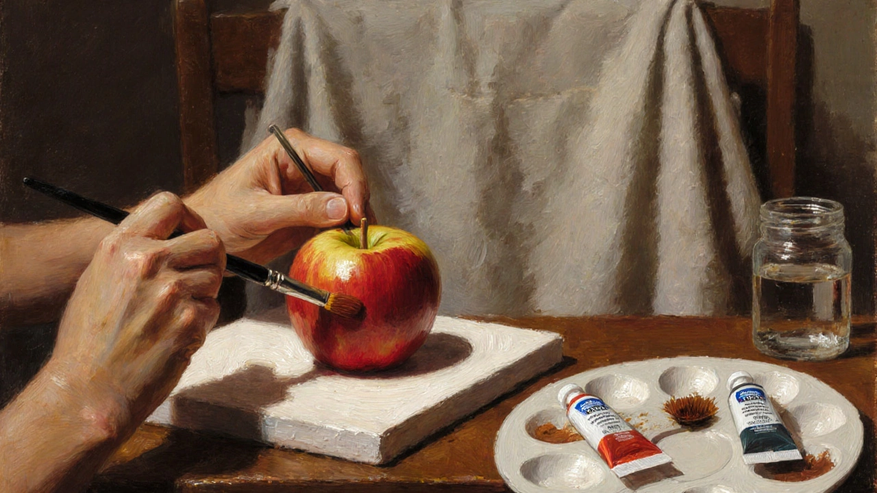 Hands painting an apple with three oil colors on a small canvas, brushes and palette nearby.