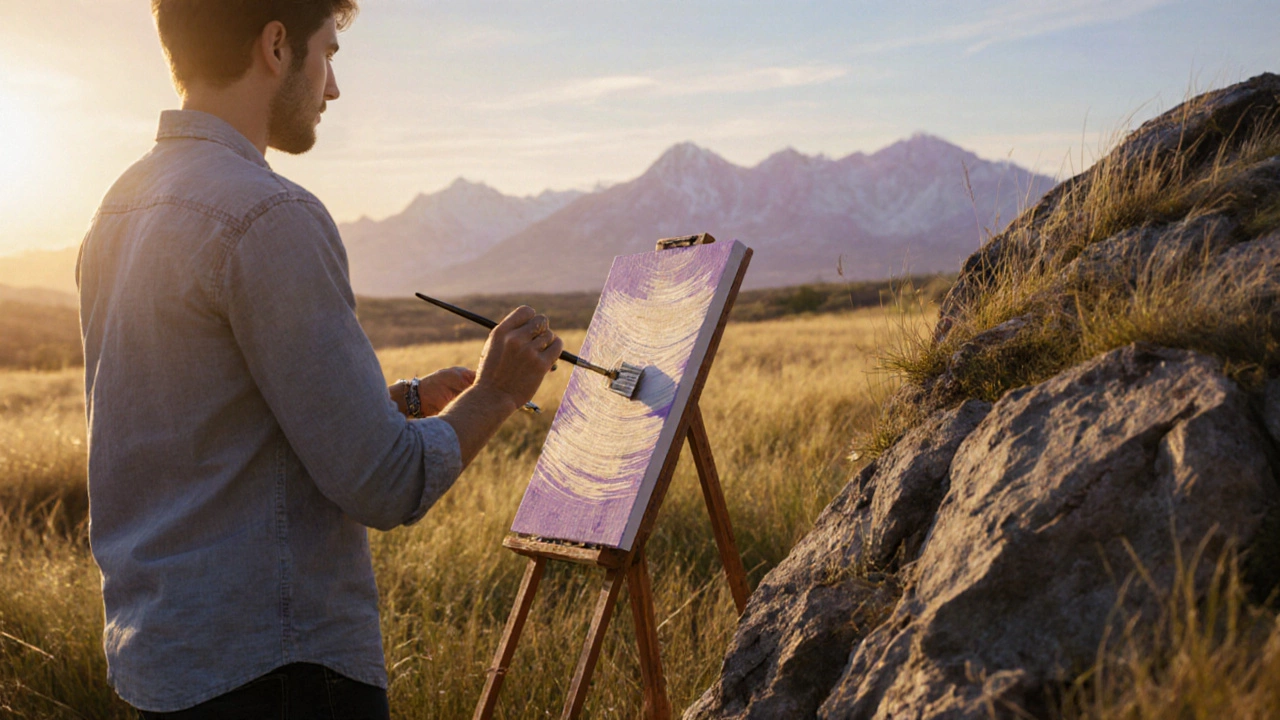Outdoor painter using a flat brush to suggest wind-blown grass, with distant mountains fading into haze.