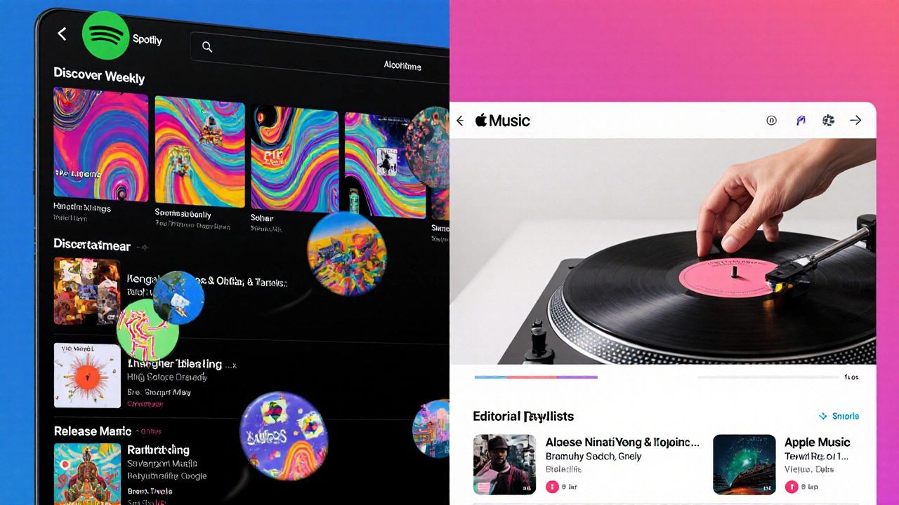 Split-screen showing Spotify&#039;s algorithmic playlists alongside Apple Music&#039;s human-curated selections.