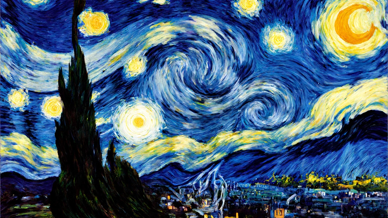 Swirling night sky in deep blue and luminous yellow stars above a quiet village and cypress tree.
