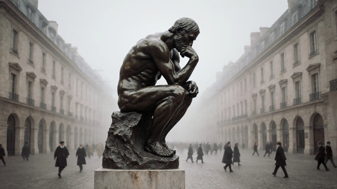 The Thinker seated on stone, bronze texture visible, lost in deep thought amid misty surroundings.