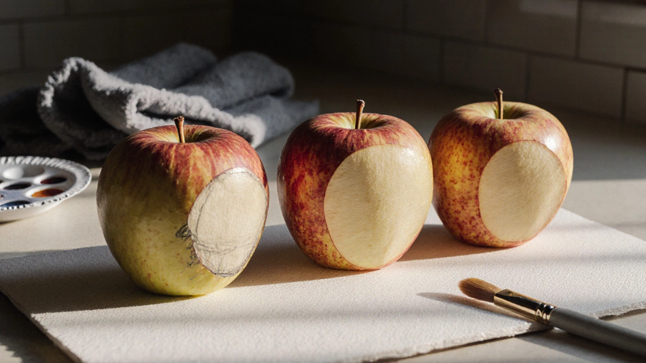Three stages of an apple painting progressing from sketch to finished oil work.