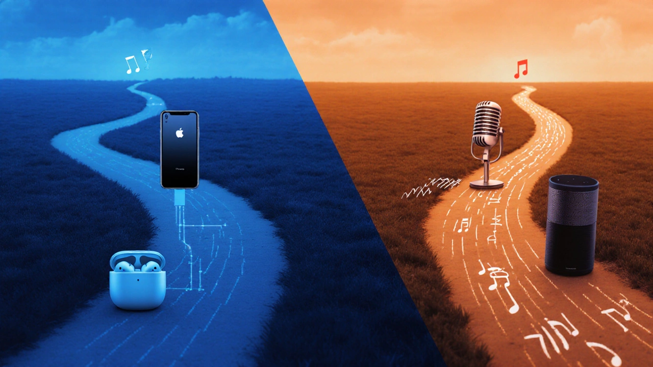 Two diverging paths representing Apple ecosystem loyalty versus Spotify&#039;s open-platform freedom.